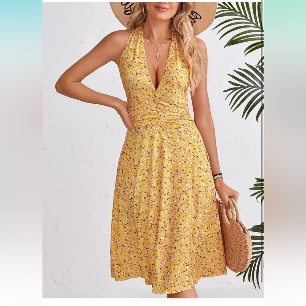 HUHOT Sundress Sleeveless Halter Neck Floral with Pocket Elastic Waist